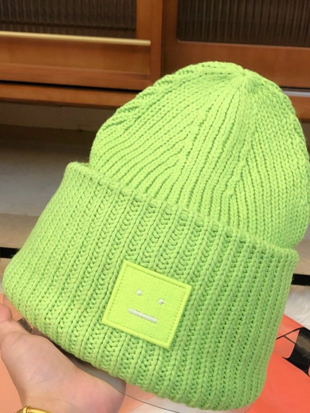 Acne Studios New Green Large Face Logo Beanie